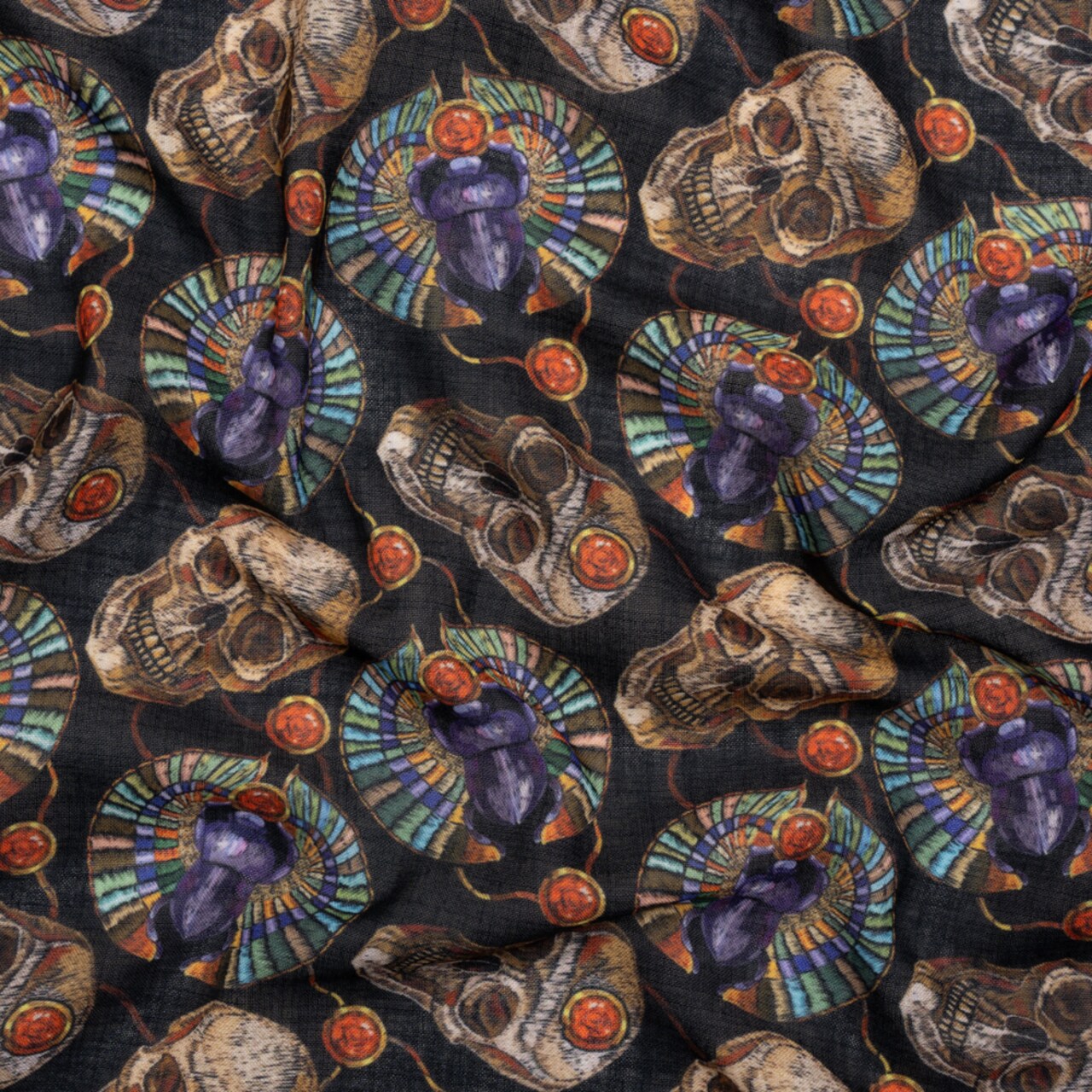 1 Yard Black Green and Red Scarab Beetles and Skulls Medium Weight Linen and Cotton Woven Fabric